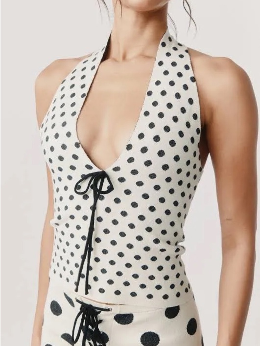 With Jean Polka Dot Halter Knit Top in Cream and Black